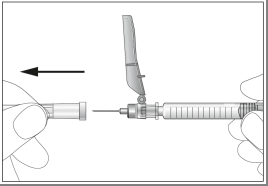 Siringa pre-riempita con ago inserito e dispositivo di sicurezza attivo con freccia direzionale indicata