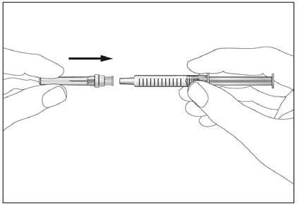 Due mani che assemblano una siringa con ago, la punta dell