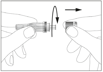 Due mani che collegano un adattatore grigio ad una siringa trasparente con una freccia curva che indica la rotazione