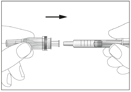 Mani che assemblano una siringa pre-riempita collegando l