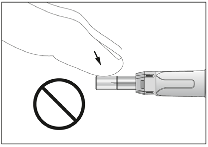 Penna iniettabile con ago esposto e cerchio barrato a sinistra freccia indica la direzione