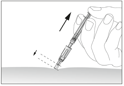 Mano che tiene una siringa preriempita con ago inserito nella pelle ad angolo inclinato con freccia che indica la direzione