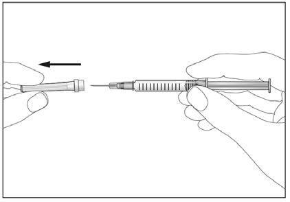Siringa con ago collegato tenuta tra due mani, freccia nera indica direzione di inserimento dell
