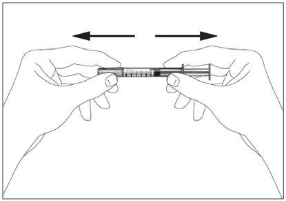 Due mani che tengono una siringa preriempita con ago visibile e frecce bidirezionali che indicano la pressione da applicare