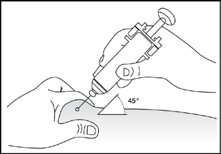 Siringa con ago che penetra nella pelle con un angolo di 45 gradi indicato da un triangolo e valore numerico