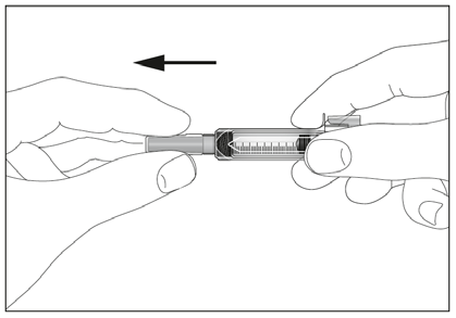 Mani che tengono una siringa preriempita con ago inserito, freccia nera indica direzione di iniezione e scala graduata visibile