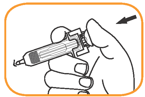 Siringa pre-riempita con ago collegato tenuta in mano, freccia nera indica la direzione di inserimento