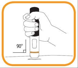 Mano che tiene un dispositivo per iniezione con ago inserito ad angolo retto rispetto alla superficie cutanea indicazione di 90 gradi
