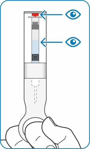 Penna iniettore con indicazioni visive frecce blu su scala graduata e finestra di controllo