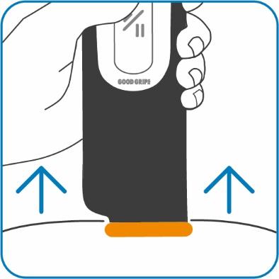 Dispositivo per iniezione autoiniettabile con impugnatura ergonomica e finestra di visualizzazione frecce blu indicano la pressione da esercitare