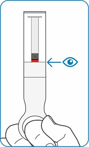 Penna iniettabile bianca con finestra rossa e freccia blu che indica l