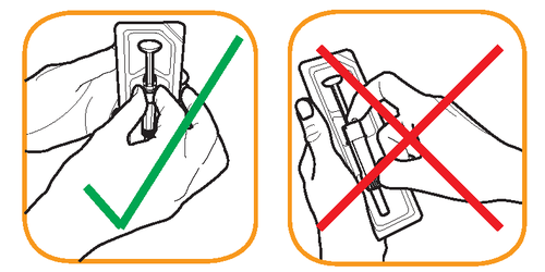 Corretta e scorretta tecnica di iniezione sottocutanea con penna precompilata segnata rispettivamente con segno di spunta verde e croce rossa