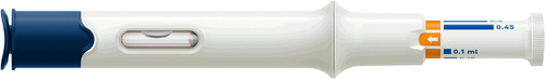 Penna iniettabile blu e bianca con indicatore di dose 0.45 e scala graduata da 0.1 ml