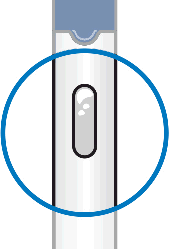 Penna iniettabile bianca e blu con finestra ovale trasparente che mostra il liquido medicinale all
