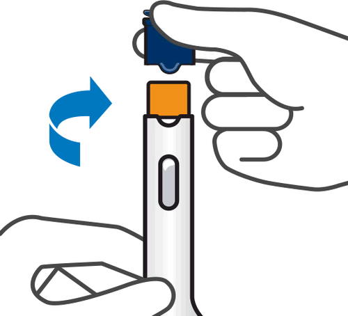 Mano che avvita un dispositivo blu e arancione su un iniettore penna bianco con freccia curva blu e parte inferiore trasparente