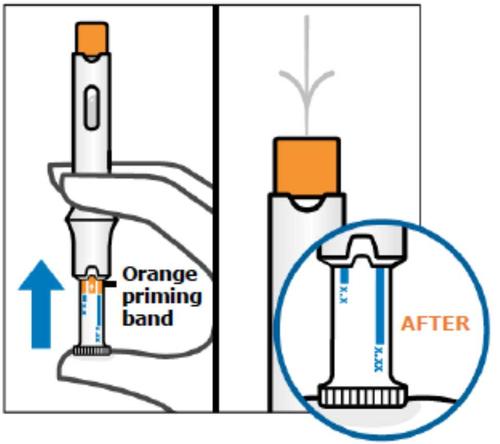 Penna iniettabile arancione con banda di innesco, freccia blu verso l
