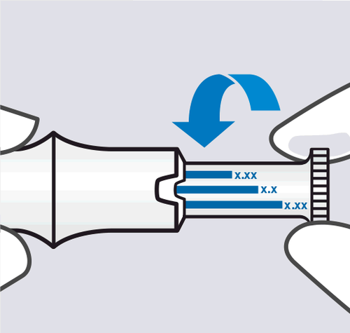 Dispositivo medico con indicazioni di dosaggio numeriche e freccia blu che indica la direzione di inserimento