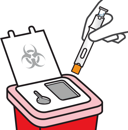 Penna per iniezione con ago vicino a un contenitore rosso per rifiuti biologici con simbolo e spazio per smaltimento sicuro