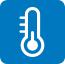 Termometro stilizzato bianco su sfondo blu con indicazione della temperatura e scala graduata