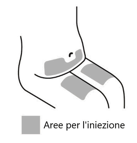 Braccio con area grigia indicante il sito di iniezione e due cerchi che mostrano la posizione corretta per l