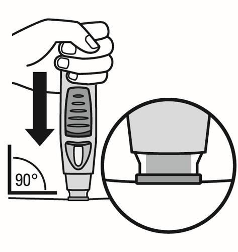 Dispositivo autoiniettante con ago inserito a 90 gradi e dettaglio ingrandito dell