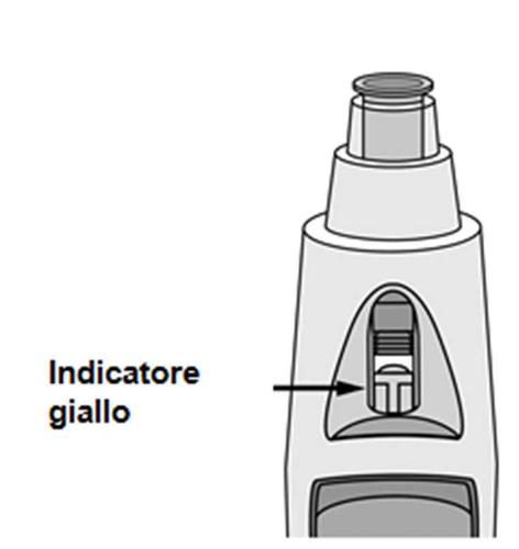Dispositivo medico grigio con indicatore giallo visibile e freccia che lo indica nella parte inferiore del corpo principale