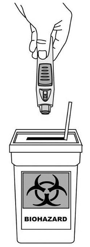 Penna per iniezione automatica sopra un contenitore per rifiuti biologici con simbolo di biohazard visibile