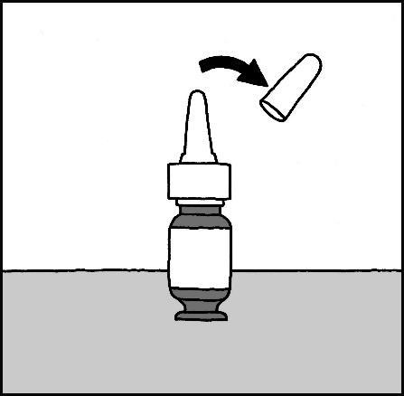 Flacone contagocce con tappo in fase di rimozione indicato da una freccia curva