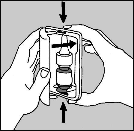 Mani che tengono un dispositivo di iniezione precompilato con frecce nere che indicano la direzione di pressione e rilascio