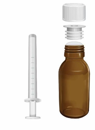 Fiala marrone in vetro con tappo bianco separato e siringa trasparente con stantuffo e scala graduata