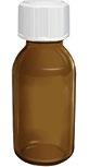 Flacone di vetro marrone con tappo bianco a vite contenente un farmaco liquido