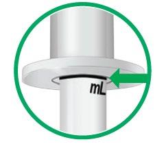 Siringa bianca con scala graduata in mL e freccia verde che indica la direzione del movimento del pistone