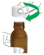 Mano che svita il tappo bianco di un flacone marrone in vetro con freccia verde che indica il movimento antiorario