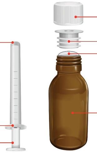 Fiala marrone con tappo bianco e stantuffo, affianco siringa trasparente con indicazioni graduate e ago