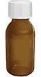 Flacone di vetro marrone con tappo bianco a vite contenente un farmaco o integratore