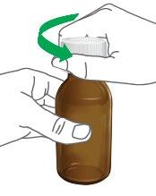 Mani che svitano il tappo bianco di un flacone ambrato con freccia verde che indica il movimento rotatorio