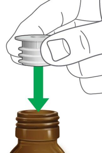 Mano che avvita un tappo grigio su una fiala marrone ambrata con freccia verde che indica la direzione di chiusura