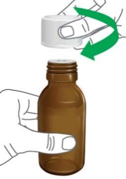Mano che svita il tappo da un flacone di vetro marrone, freccia verde indica il movimento rotatorio