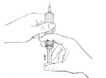 Mano che tiene una siringa preriempita con ago inserito in un dispositivo di misurazione a spirale graduata