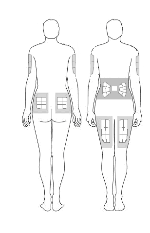 Due figure umane stilizzate mostrano aree di applicazione evidenziate su schiena, fianchi, addome e cosce con cerotti rettangolari