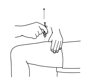 Mano che tiene una siringa con ago inserito nella pelle del braccio, freccia che indica la direzione dell