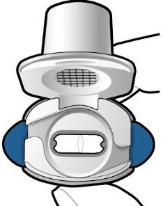 Dispositivo inalatorio bianco e blu con bocchino e componenti di erogazione del farmaco visibili