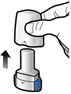 Mano che preme verso il basso un dispositivo cilindrico bianco con una parte blu inferiore e una freccia grigia rivolta verso l