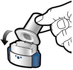 Dispositivo autoiniettante con cappuccio protettivo parzialmente rimosso da una mano, freccia curva indica la direzione di rotazione