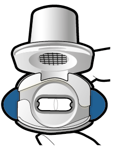 Dispositivo inalatorio bianco e blu con serbatoio superiore e bocchino a forma di V con griglia interna