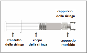 Siringa schematica con stantuffo, corpo, cappuccio morbido e cappuccio della siringa frecce indicano le parti