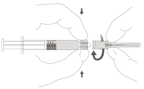Siringa con ago inserito e mani che la guidano con frecce curve che indicano la rotazione e la direzione