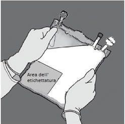 Mani che tengono una sacca per infusione trasparente con etichetta e attacchi bianchi e grigi