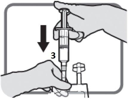 Mani che tengono una siringa preriempita con ago rivolto verso il basso su un dispositivo di sicurezza arancione numero 3