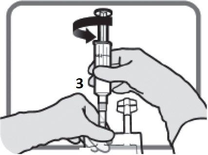 Mani che ruotano un dispositivo di iniezione con ago, freccia curva indica la rotazione e il numero 3 indica il passaggio